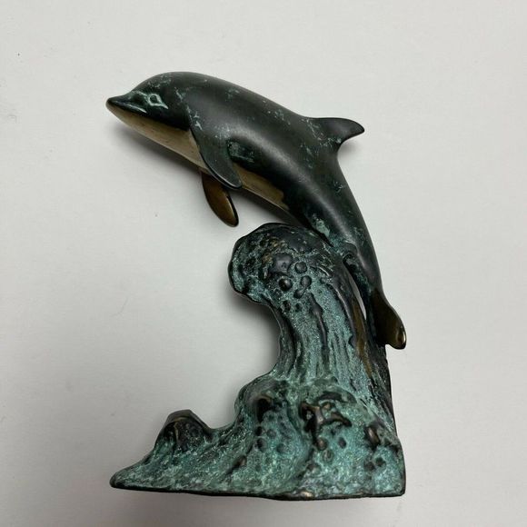 Unbranded Other - Brass Dolphin Statue Vintage Art Deco 6" High Brass Sculpture Patina Metal Base